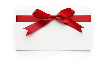 White gift card with a vibrant red ribbon isolated on a white background, suitable for celebrations or holidays