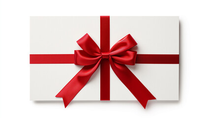 A white gift box with a vibrant red ribbon on a plain background, suitable for holidays and celebrations