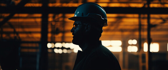 A silhouette of construction electrician working in a factory, worker with helmet, electrical worker in action