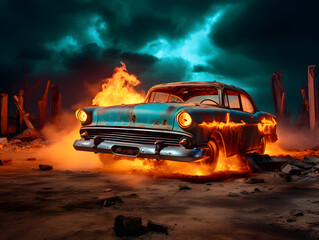 A large old car with flames rising up from the ground