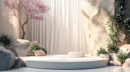 white cylinder pedestal. Minimal scene for product display presentation. curtain and foliage It's a component in the scene.