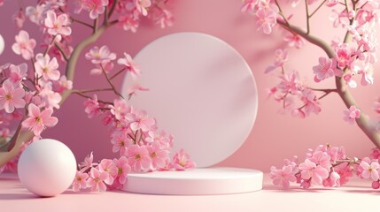 spring mockup empty in the center with delicate tree branches with blooming flowers, concept mockup, pedestal, peach color, pink, delicate, summer