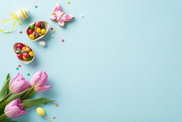 Springtime Sweetness Display: Top view of amusing gingerbread, chocolate eggs, candies, and sugar sprinkles on a light blue background with space for your message