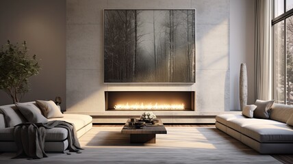 a minimalist living room in a spacious and luxurious house lounge, featuring a large fireplace and a wall-mounted television, with a focus on calming colors.