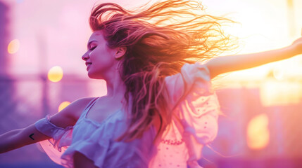 Naklejka premium Beautiful happy plus size girl dancing on the street with flying hair. Body love concept. Generative AI