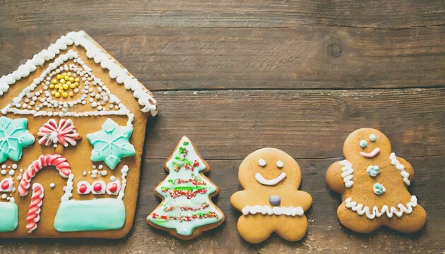 homemade gingerbread house and gingerbread man cookies festive christmas and new year sweeties background card toned