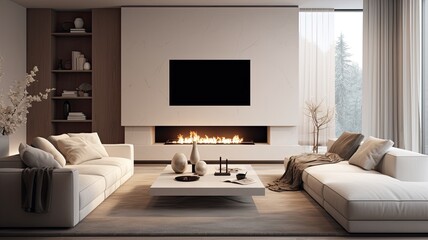 a minimalist living room in a spacious and luxurious house lounge, featuring a large fireplace and a wall-mounted television, with a focus on calming colors.