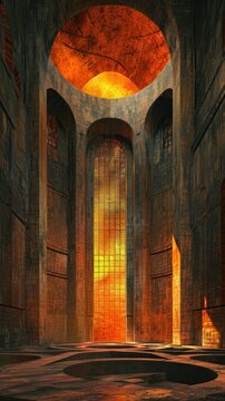 Interior of a futuristic colorful round medieval house with round windows in orange and gray tones. concept architecture, ancient, medieval, futuristic