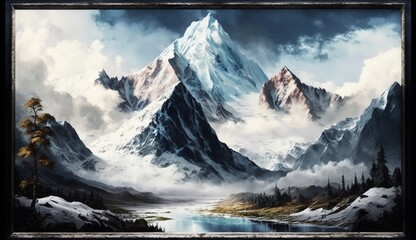 A hyper-realistic portrayal of a majestic mountain range, with towering peaks, snow-capped summits, and a sweeping vista that extends to the distant horizon - Generative AI