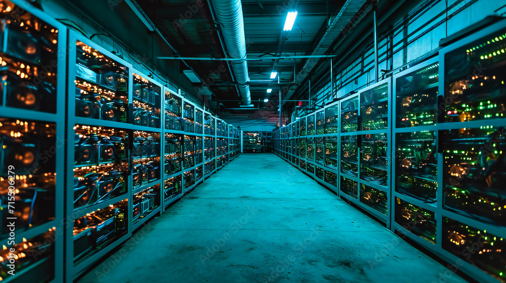 Poster networking server rows: rows of servers in a datacenter, representing technology, connectivity, and 