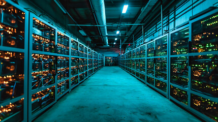Networking Server Rows: Rows of servers in a datacenter, representing technology, connectivity, and cybersecurity