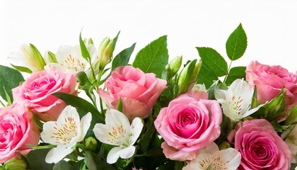 border with pink roses and alstroemeria flowers isolated on white or transparent background