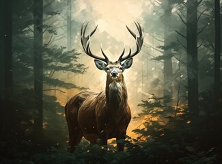Wide angle shot of deer in the forest. Createdd with Ai