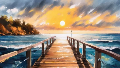 Rolgordijnen sunset painting with the ocean on the coast painting on a dock in front of the sun illustration © Heaven