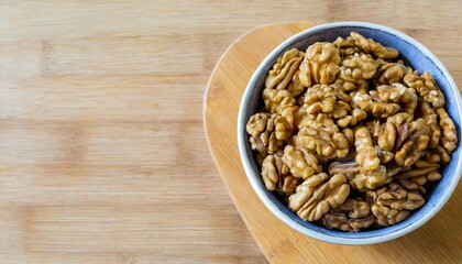 a bowl of peeled walnut kernels on a wooden board with copy space