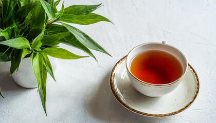 Obraz na płótnie Canvas a cup of tea on a saucer next to a plant on white background