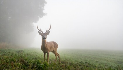 wild roe deer in the morning fog