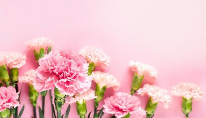 Fototapeta premium pink carnations on pink background banner with flowers in pastel colours