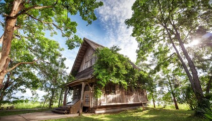 Fototapeta na wymiar old wooden house covered with big trees