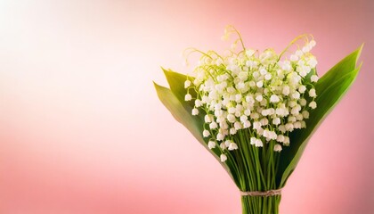 bouquet of lilies of the valley against a pink gradient background