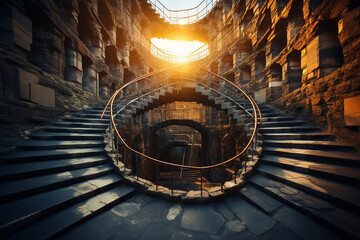 A spiral staircase leading both up and down, illustrating the cyclical nature of emotions - obrazy, fototapety, plakaty