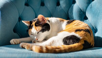 calico cat curled up on a textured blue chair