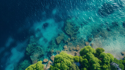 Aerial view of a serene sea landscape, crystal clear water with visible coral reefs