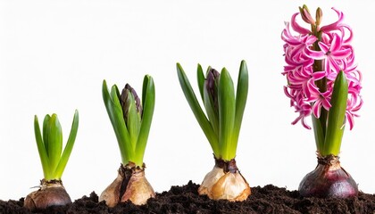 growth stages of a pink hyacinth from flower bulb to blooming flower isolated on white - obrazy, fototapety, plakaty