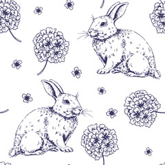 seamless pattern with Easter bunnies and flowers, in vintage style. sketch