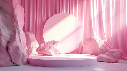 pink cylinder pedestal. Minimal scene for product display presentation. The curtain is an element in the scene.