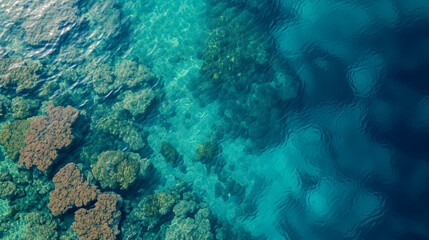 Fototapeta na wymiar Aerial view of a serene sea landscape, crystal clear water with visible coral reefs