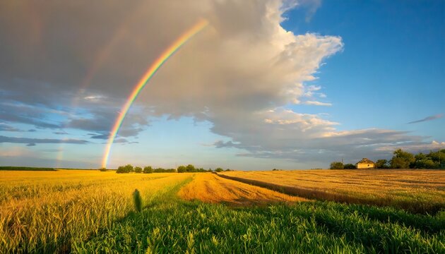 tranquil agricultural landscape with a magical rainbow at sunset ukraine europe