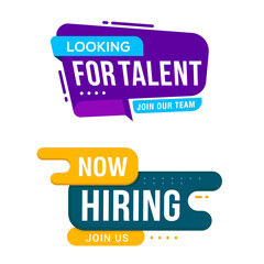  Join our team banners. We are hiring communication poster, help wanted advertising banner with speaker and vacant badge. Hr recruiting hire, vacancy job offer isolated vector signs set