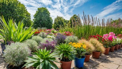 a plant nursery or garden center display of potted perennials and grasses with colorful flowers and foliage - obrazy, fototapety, plakaty