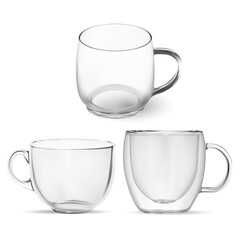 Glass tea cup mockup. Transparent double wall coffee cup, 3d vector illustration. Cappuccino or espresso mug with handle, hot drink jar set. Realistic water tumbler