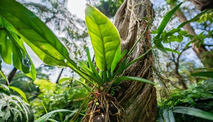 rainforest tree trunk with tropical foliage plants monstera golden pothos vines ivy bird s nest fern and orchid leaves rich biodiversity in nature