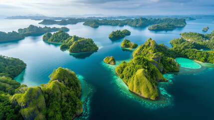 Naklejka na ściany i meble Aerial photo of a group of islands in the sea