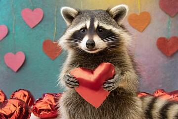 A cute racoon holding a valentine's day heart on a clean colorful background