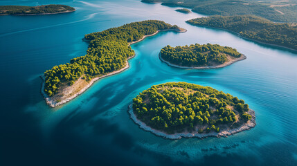 Aerial photo of a group of islands in the sea - obrazy, fototapety, plakaty
