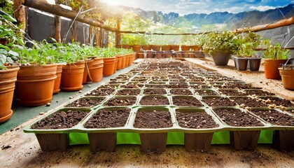 seedling trays filled with a soil on table during the sowing seeds process close up - obrazy, fototapety, plakaty