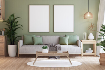 Empty picture frame for copy space on the pastel green wall In a modern contemporary style living room 3d render, there are wooden floor decorated with light gray fabric sofa