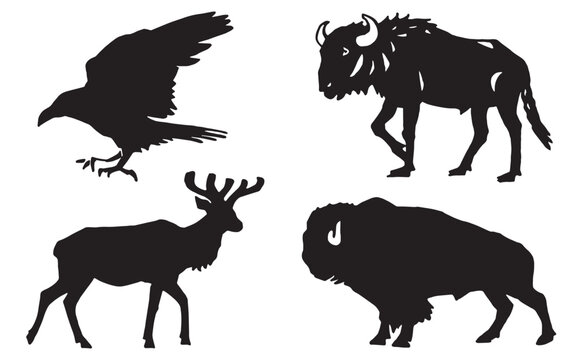Graphical silhouette of deer , crow and bull on white background,vector illustration	