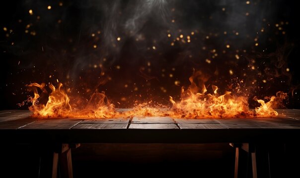 Woden table with Fire burning, fire flames on a dark background to display products AI Image Generative