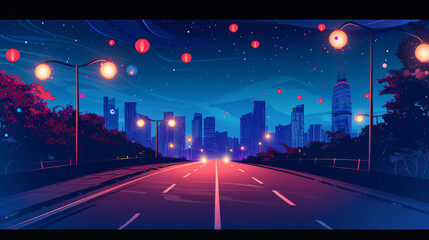 Highway turn in the evening. Empty night road with lanterns on city background.vector,illustration