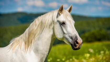 beautiful white horse portrait in the meadow