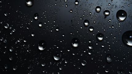 Closeup of water drops sliding on wet surface. Dark black background. Generative AI