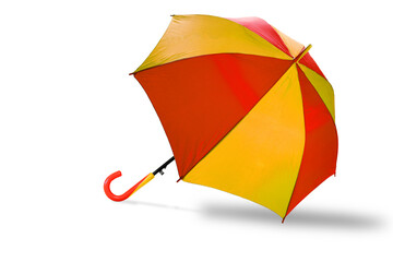 Stripe umbrellas Red and Yellow color with handle, isolated with clipping path selection on white background. Object or Rainy season concept.