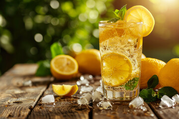 Wooden Table Oasis: Lemonade and Ice Cubes