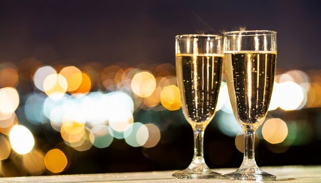 two glasses with sparkling champagne against a background of bokeh city lights square image