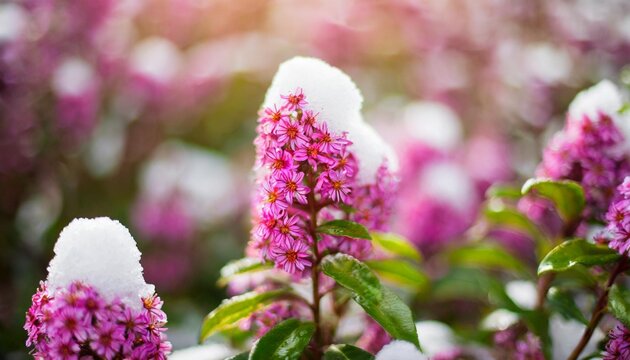 blooming pink flowers erica carnea in the snow spring background gardening concept